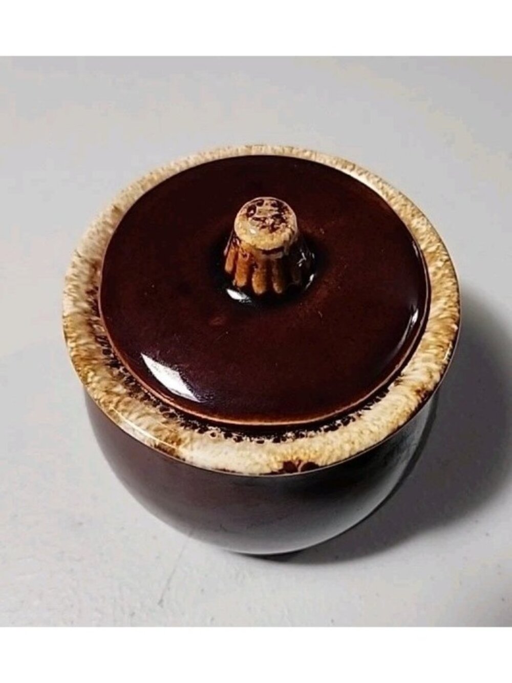 Vintage Hull 2-Tone Brown Glaze 4 x 4 Sugar Bowl W/ Lid Oven Proof USA